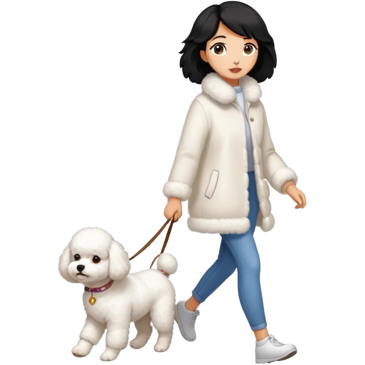 A beautiful black-haired girl walking a Bichon Frise dog emoji