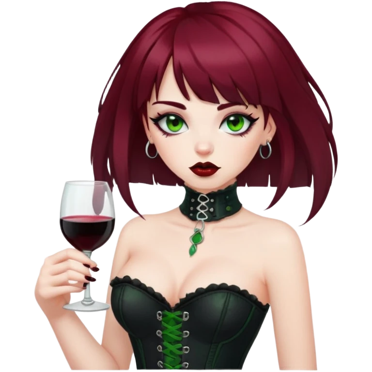 Pale girl almost green with eyebrow piercing, wearing black corset, wine-coloured mouth, dark red hair with black being red bangs emoji
