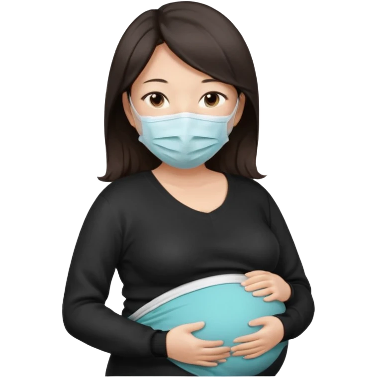 a pregrant chinese lady with dark brown hair? Hair lengt above shoulder, wearing medical face mask, i wanna see the pregnant belly with black sweater emoji