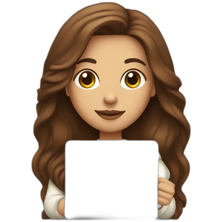 woman with brown long straight hair wearing a white woolly shirt and holding a coffee and a closed laptop emoji