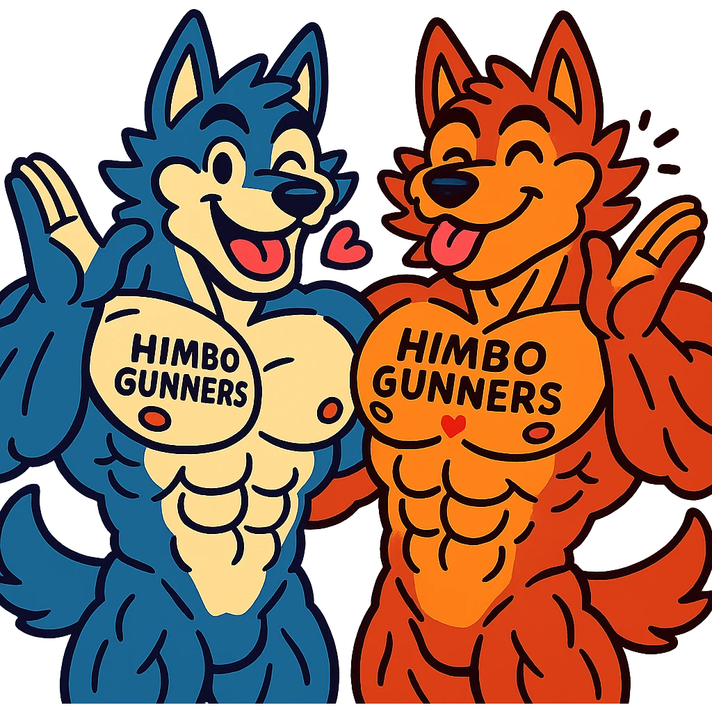 pair of ultra-muscular wolf furries, shirtless, with 'Himbo Gunners' tattooed on their pecs, both blowing a kiss, cheerful and energetic, very large, defined, and detailed muscles, ultra high quality emoji