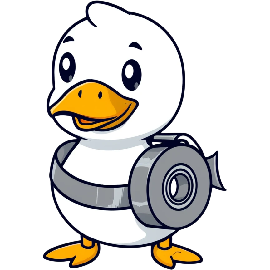 duck holding a roll of duct tape with a funny expression emoji