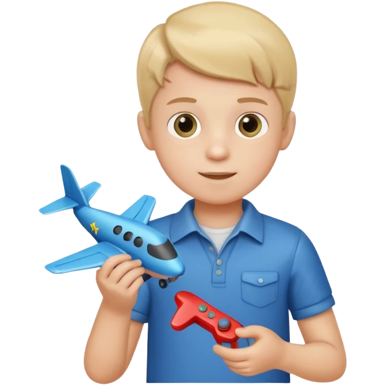 Little boy hold a controller and an airplane toy emoji