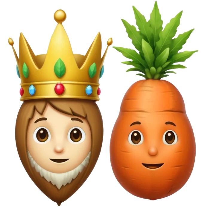 There is a hazelnut with a crown on his head, on his left side is a lemon like a hacker and on his right side is a carrot like a detective emoji