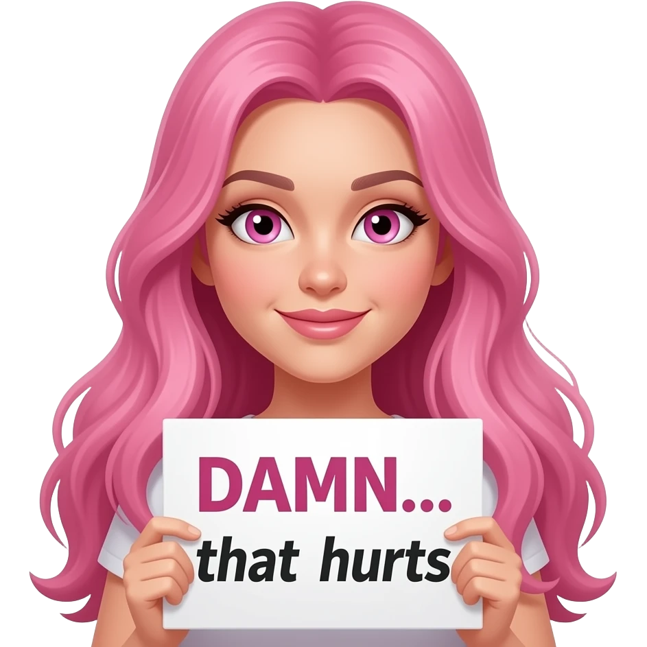 sexy girl with long pink hair and pink eyes holding DAMN... that hurts sign emoji