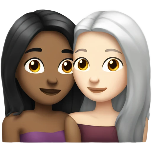 A lesbian couple with white skin and long black hair hugging intimately, and romantically. emoji
