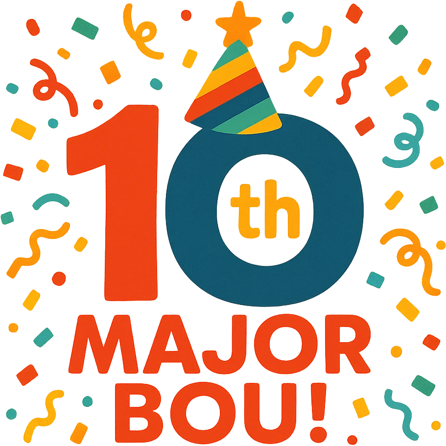 Celebratory 10th anniversary logo for Major Bou with confetti and a festive color palette emoji