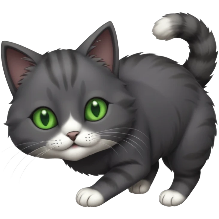 solid dark grey cat with green eyes, completely solid grey face, white toes/paws playfully rolling upside down emoji