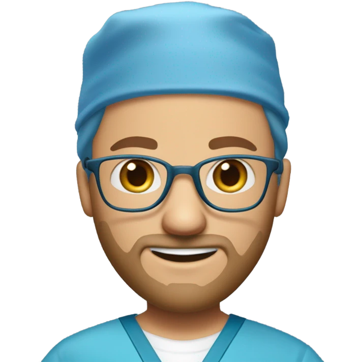 male blond doctor in scrub cap with grey van dyke beard with hazel eyes and small wire-rimmed glasses in blue scrubs holding a large paintbrush emoji