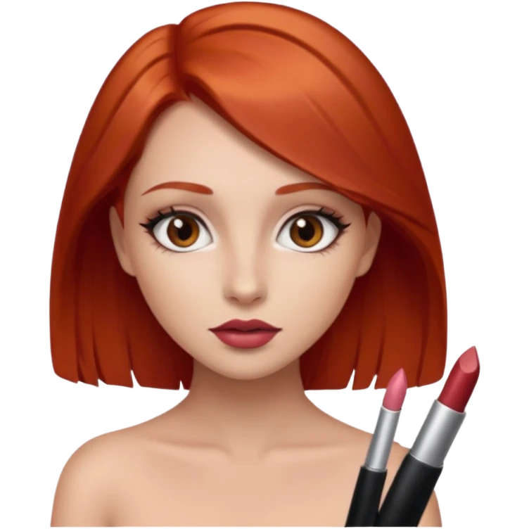 una chica con los labios con pintalabios nude y los ojos maquillados, de piel blanca con el pelo liso y por debajo de los hombros y pelirrojo, ojos marrones emoji