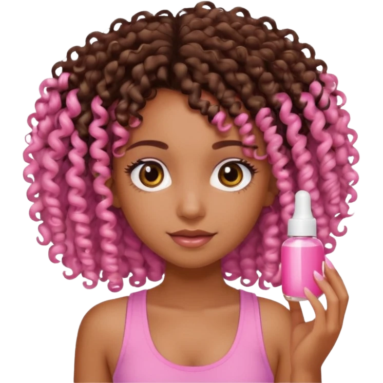 Uma menina com o cabelo cacheado é morena, e com uma regata rosa com unha em gel, é com Baby hair.  emoji
