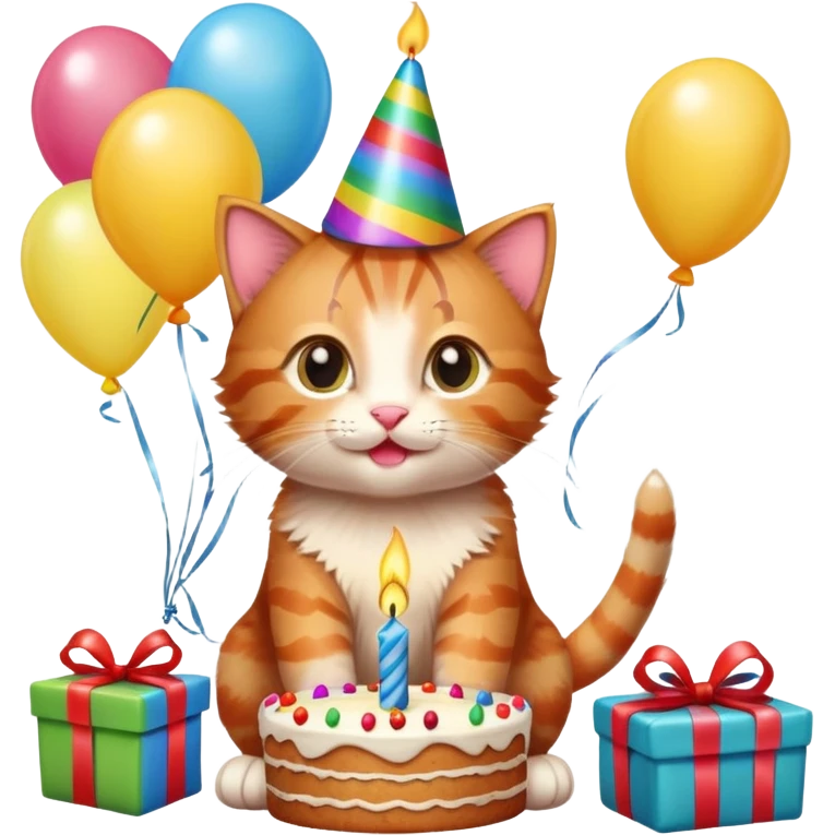 Ginger tabby kitten celebrates birthday, birthday hat, birthday cake, one candle, balloons, happy, gifts emoji