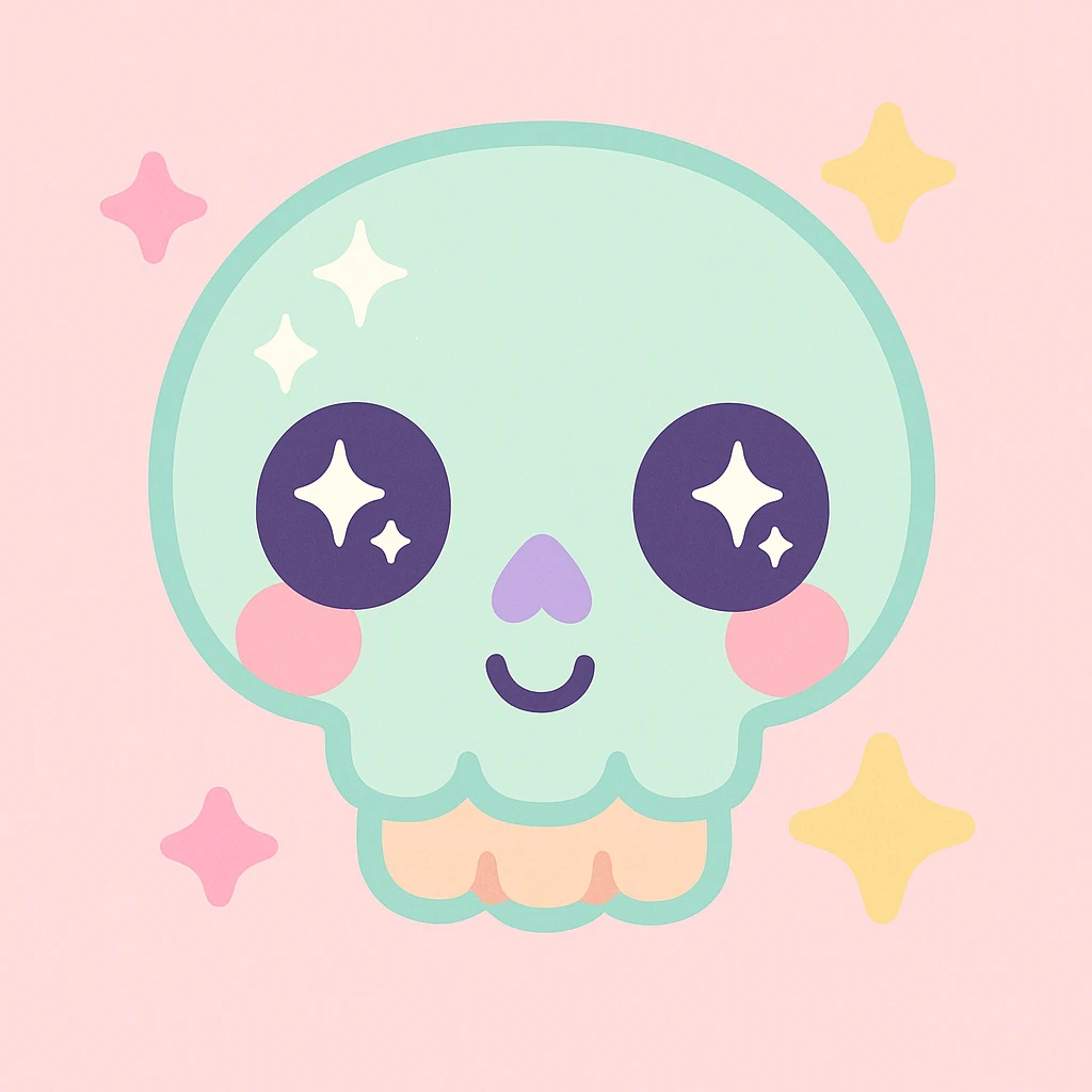 a glittery skull with sparkling highlights and a cute, vibrant look in kawaii style emoji