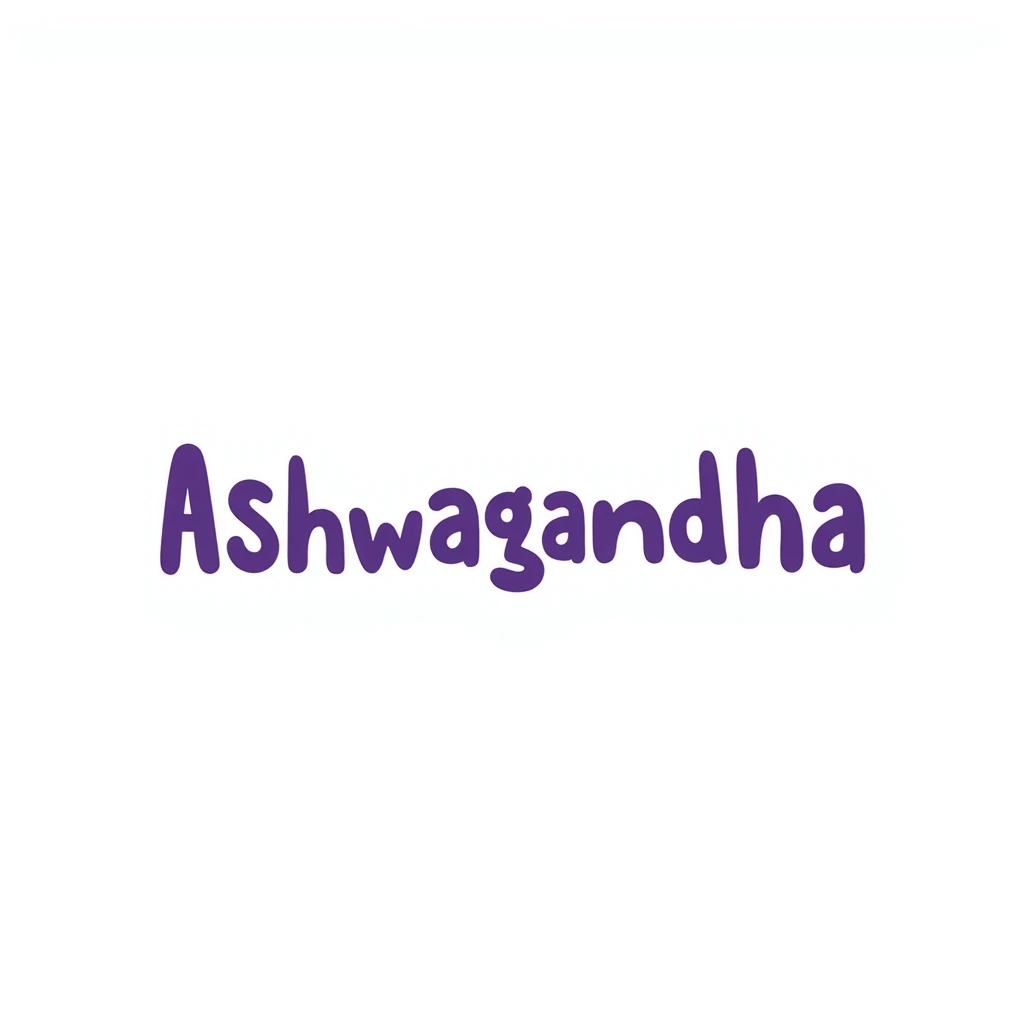 The word "Ashwagandha" hand-drawn in white text with a few purple and blue color accents. Simple doodle style with clean design. emoji