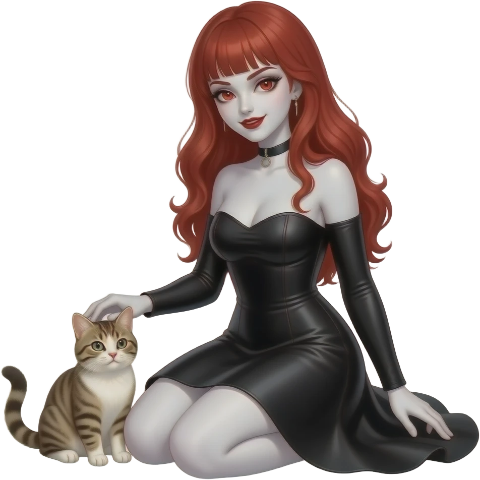 Vampiro femmina con pelle bianca capelli lunghi  rossi ondulati e la frangetta che indossa una vestito stretto in vita e largo sotto nero con maniche lunghe seduta che sa accarezzando un gattino emoji