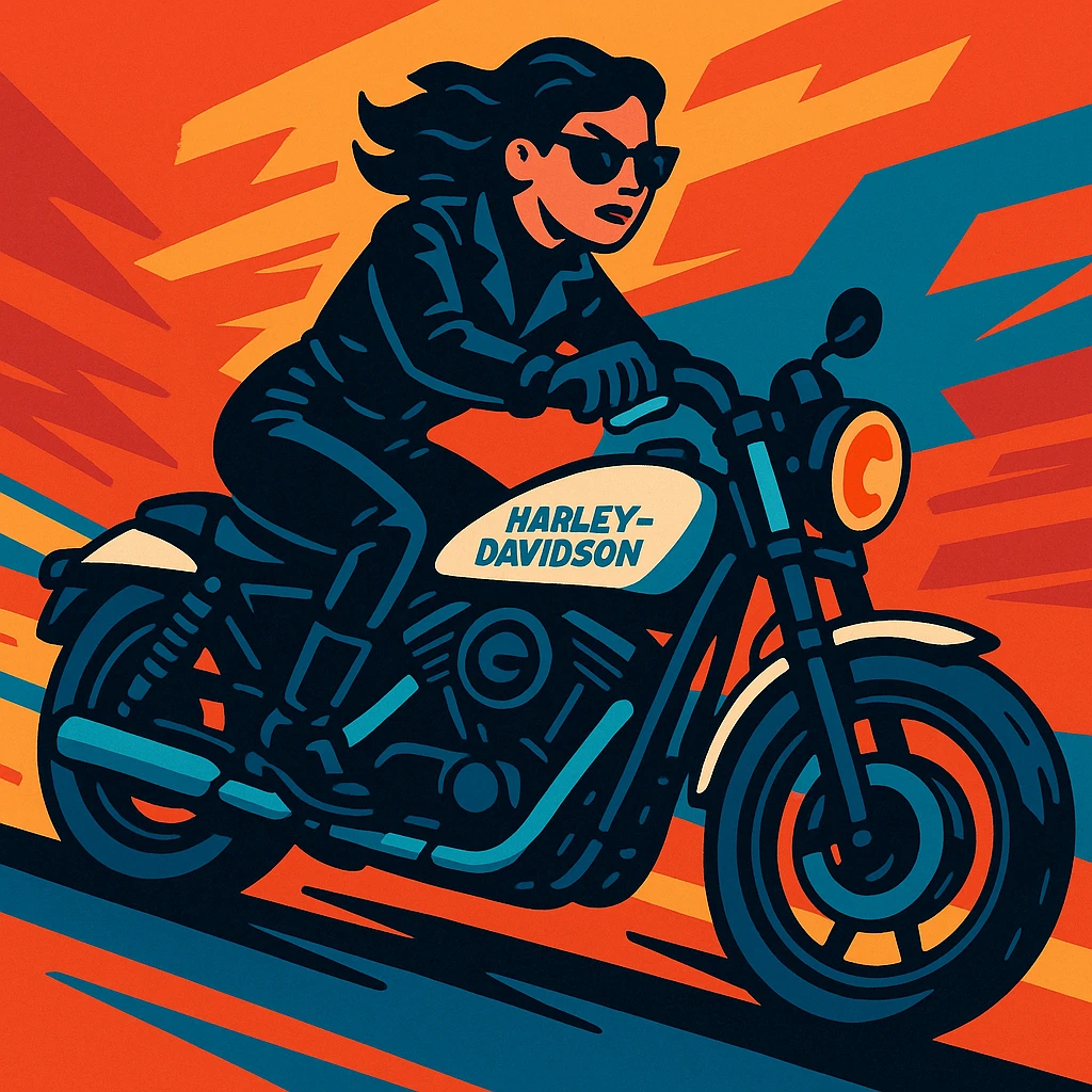 A woman dressed in black leather astride a white and blue Harley Davidson, action scene, expressive, contemporary vibrant toon style illustration emoji