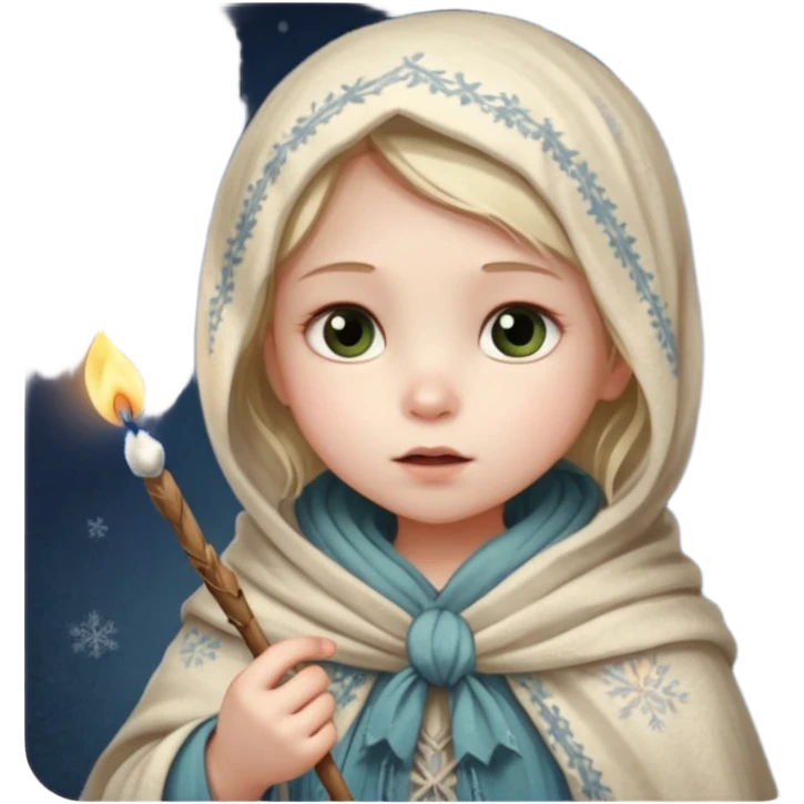 A small girl in a worn winter dress and shawl, holding a glowing matchstick close to her face, eyes wide with soft hope.
 emoji