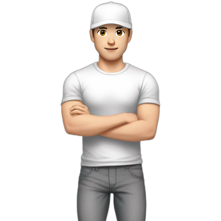Pale skinned fit Man with dark brown hair in a white cap, gray jeans and gray polo T-shirt keeping a pasted with tape white box into his hands emoji