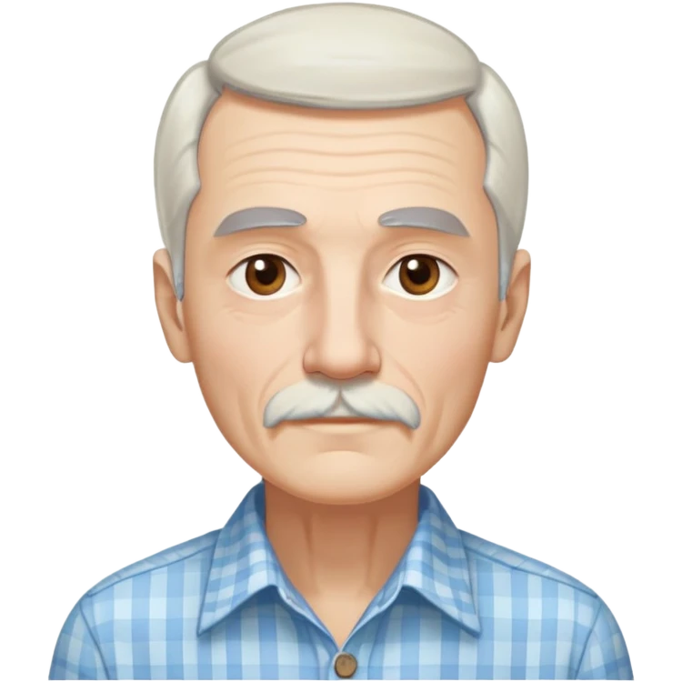 Skinny man in his 70s with fair skin. Long narrow face. Gentle light brown eyes. Fine straight white hair with light bangs touching eyebrows. Thin eyebrows. White goatee connected to mustache. Slender appearance. Wearing a light blue and beige checkered button-up shirt. emoji