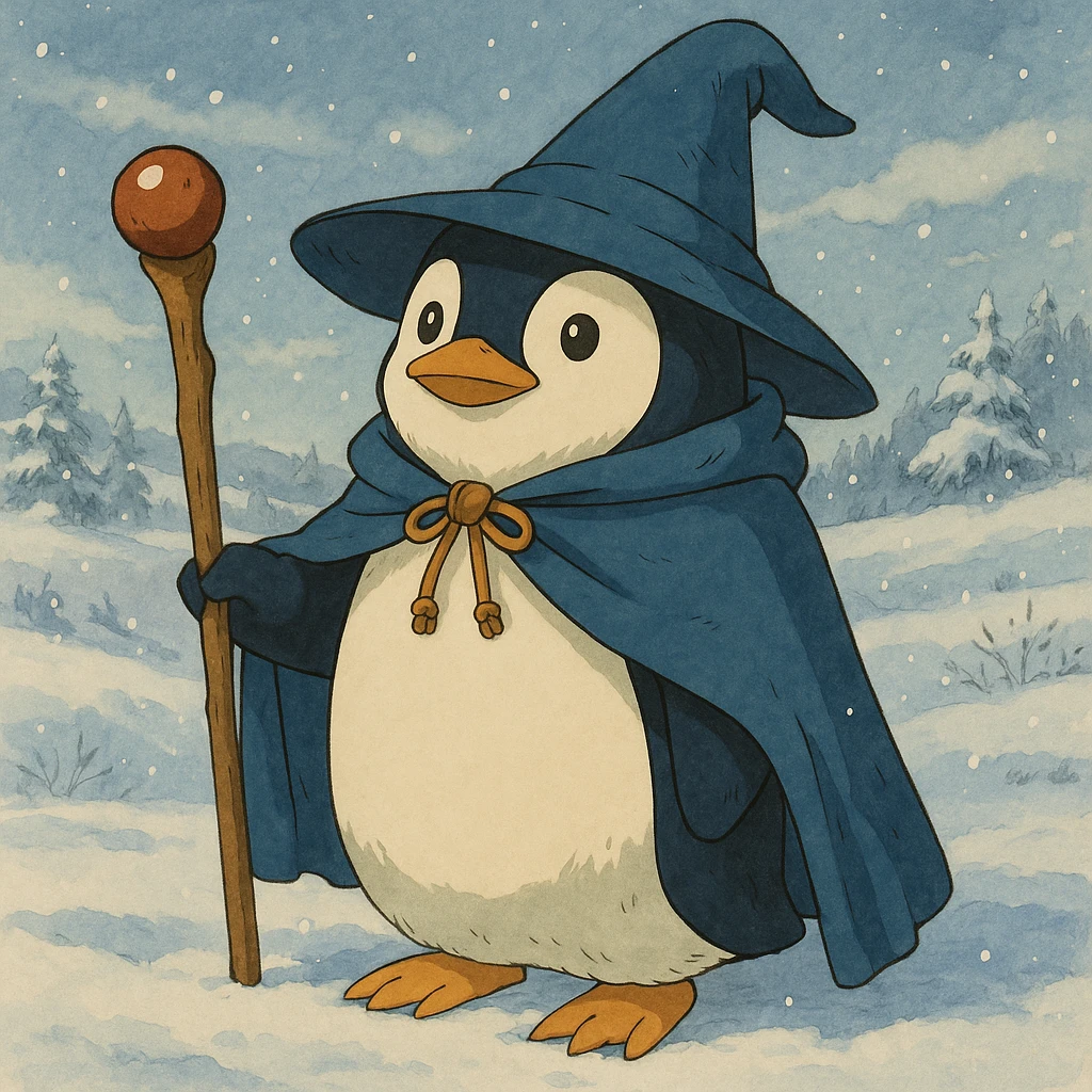 Add a snowy landscape background behind the penguin wizard, keep all original colours and lighting emoji