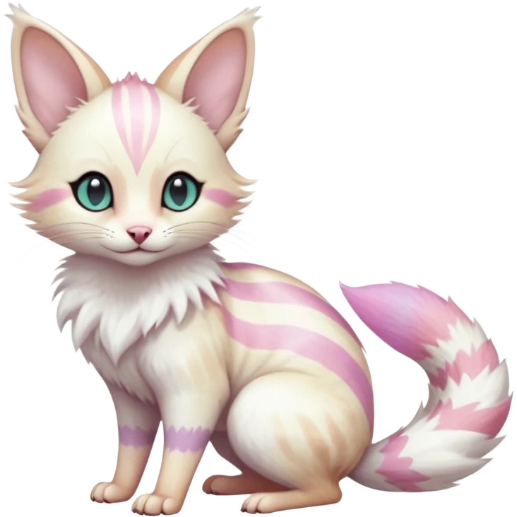  cute adorable white albino fur with random colorful iridescent markings beautiful elegant pretty precious cute  Fakémon-Pokémon-alien-opossum-feline-serval-caracal-chinchilla-Minccino-hybrid-creature with a big fluffy bushy striped tail (full body) emoji