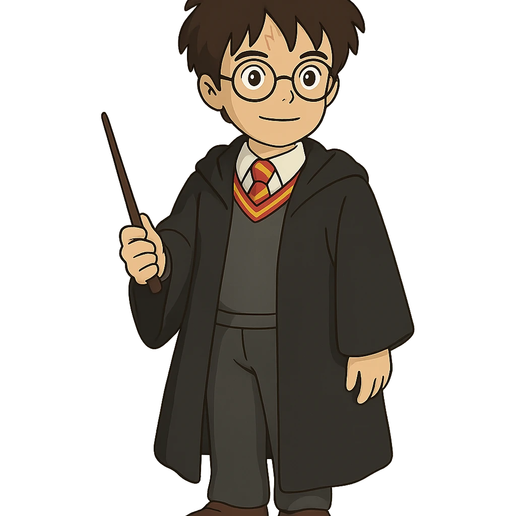 Harry Potter with glasses, lightning scar, and wand in ghibli style emoji