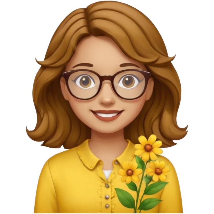 girl with a yellow blouse with flowers, with hair in waves with glasses smiling emoji