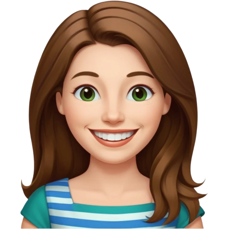 40 yr Caucasian woman, long brown hair parted on side, white stripe in hair, blue green dress ,big smile, white teeth, dimples emoji