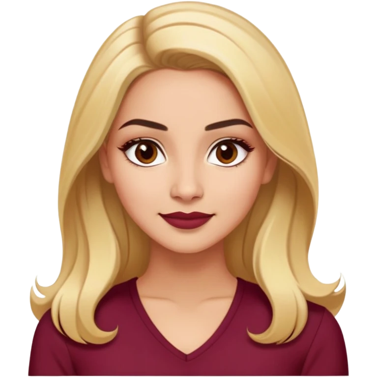 Puerto Rican actress Linette Torres with warm light skin, attractive elegant features, expressive eyes, well-defined eyebrows, straight nose, friendly smile, long blonde hair, wearing a fashionable burgundy top emoji