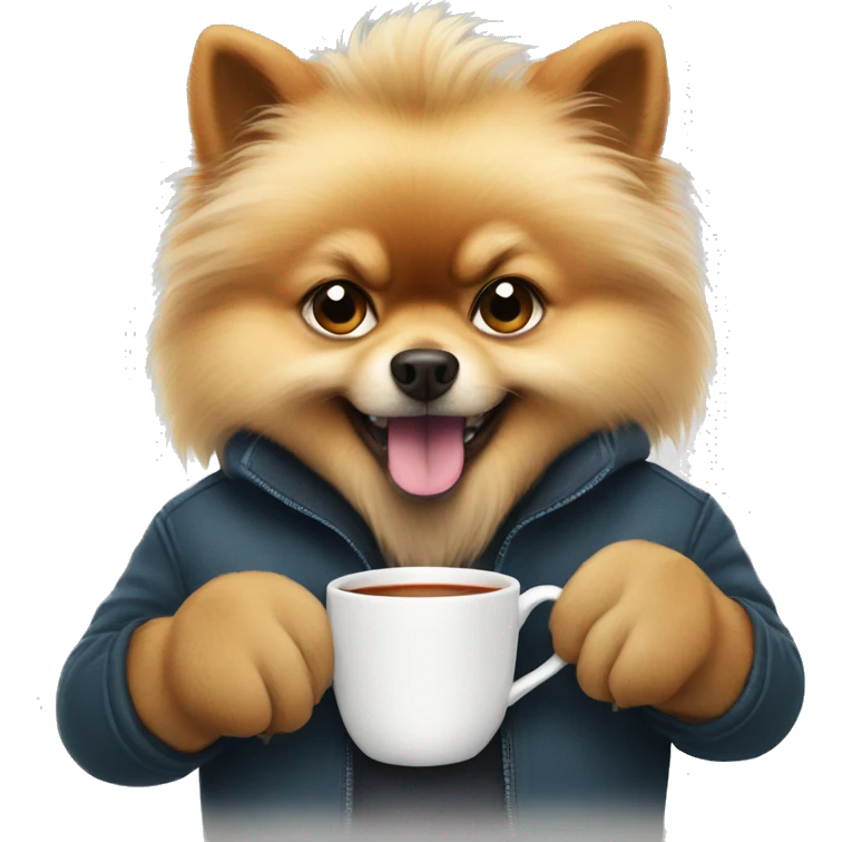 angry grown pomeranian holding a cup of tea i his paw emoji