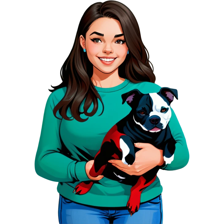 Beautiful young girl, slightly overweight with long dark hair that’s choppy cascading over her shoulders as she holds her black iPhone, and she has her beautiful dog mix of a pitbull with an under bite standing beside her emoji