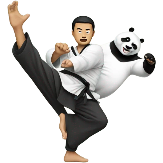 Asian man doing kung fu against a panda emoji
