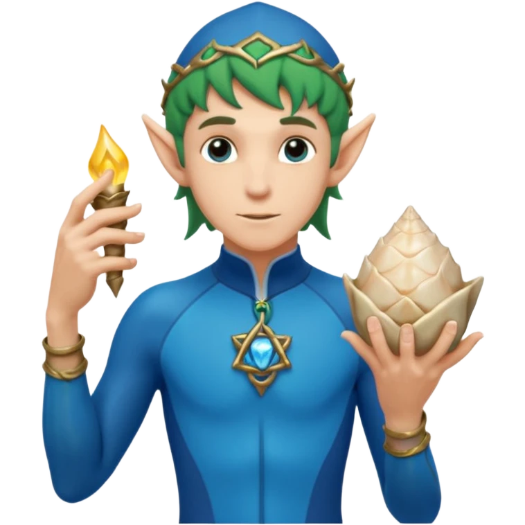 elf male Short wetsuit-style garb, glowing runes on skin, holding a conch horn. emoji