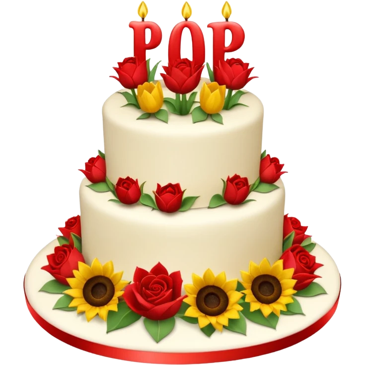A large three teir cake with first mayer decorated with roses, second with Sunflowers and third with Tulips and Happy Birthday Dear written on top. emoji