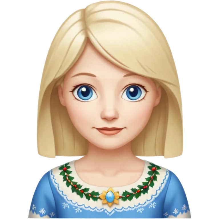 50 yr old white woman, hippie parted very long hair, short bangs, very long straight blond hair, oval face, small smile, blue eyes, thin face, hair downback, hair parted at center of head, round cheeks, pale, longer hair, white christmas dress emoji