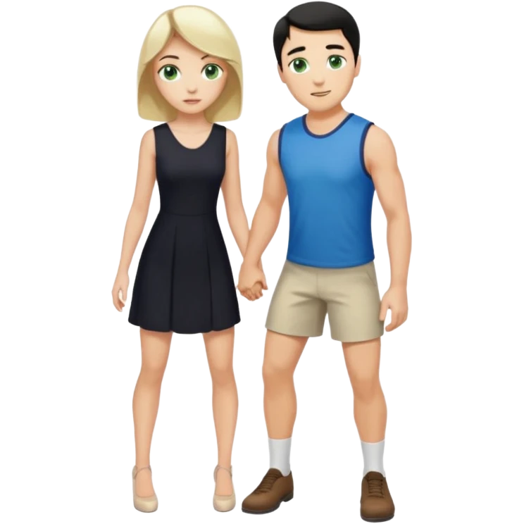 prince, black hair, blue eyes, garment,  woman, blonde Hair, green eyes, bending knee, sleveless white dress, emoji