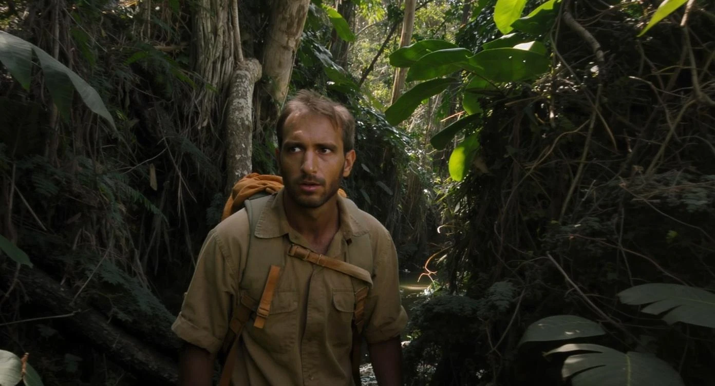 cinematic still, documentary photography, amazon jungle, well lit scene, man is exploring the jungle, close up, front shot, rule of thirds emoji