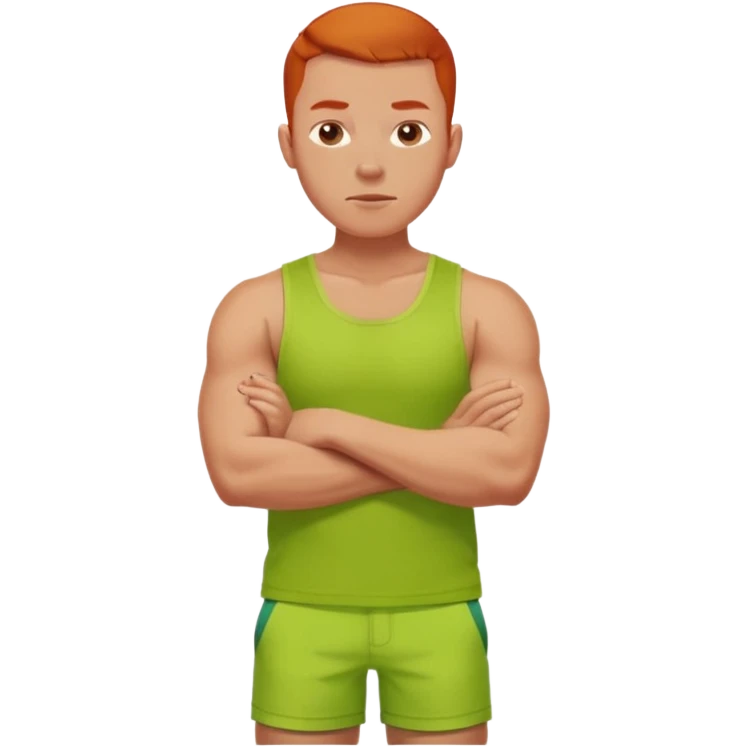 full silhouette of a redhead man with a buzzcut, wearing a lime tanktop and shorts, arms crossed emoji