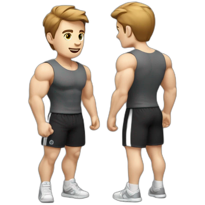 Close up Actively gesturing  with hands Pale skinned Fit Man With the biceps and brown hair in dark gray Sleeveless Mike, black oversize sports shorts, watch and white Sneakers emoji
