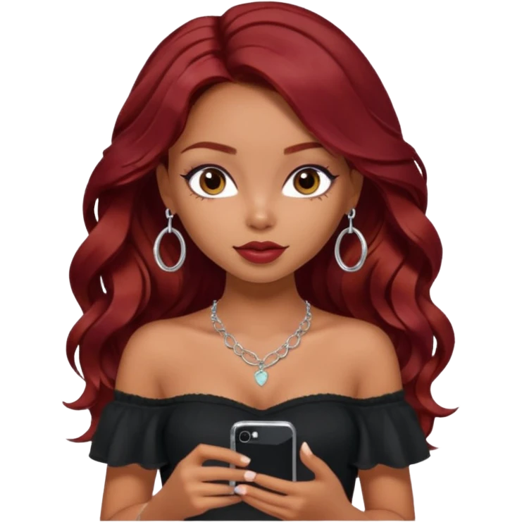 a pretty bratz girl with wavy dark red hair, wearing a black off shoulder top . silver dainty layered necklaces, carrying an iphone emoji