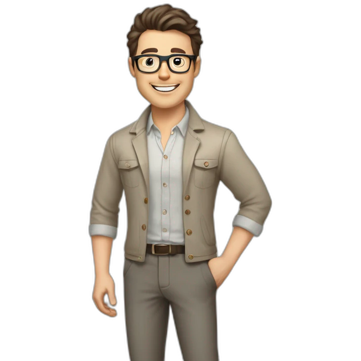 Joyful Pale skinned Fit Man With dark brown hair in gray jacket, beige office shirt, Brown pants and vintage glasses. His thrumbs up emoji