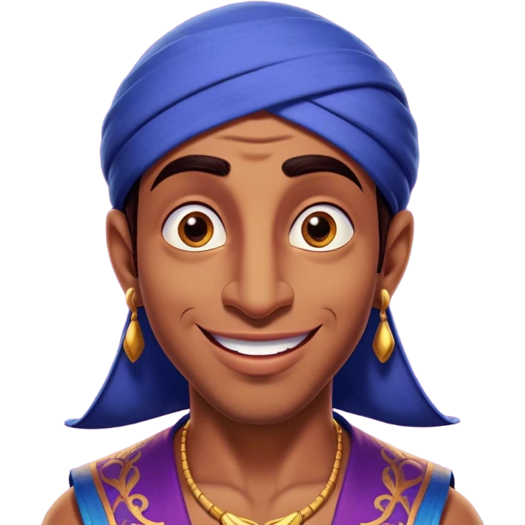Cinematic Realistic Aladdin Portrait, head tilted dramatically with an exaggeratedly amused expression, featuring vibrant eyes and a slight, roguish grin. His detailed attire and subtle magical accents are brought to life with dynamic lighting and vivid textures, capturing a rare, playful burst of humor from a daring street-wise adventurer. emoji