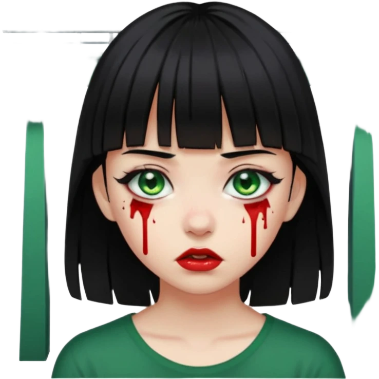 Guria com cabelo preto franjinha sangrando olhos verdes  fundo preto e um piercing bridgepiercing emoji