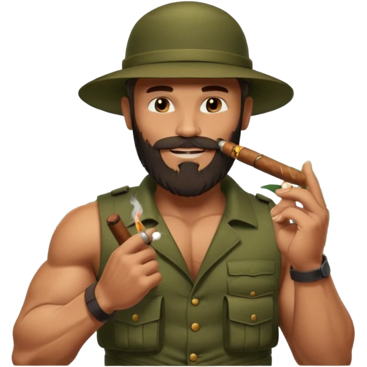 brauny vested bearded jungle commando smoking a cigar with a grin emoji