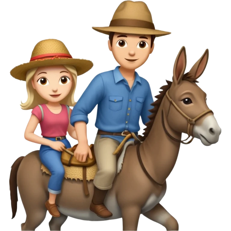 a lady on a donkey while the man is walking alongside the donkey emoji