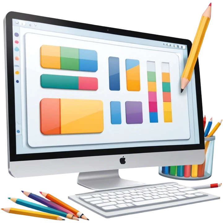 Professional emoji for Graphic Design: a computer screen displaying a design layout, vector shapes, a color palette, and design tools like a pencil and ruler. The icon should represent creativity and precision in graphic design. Transparent background. emoji
