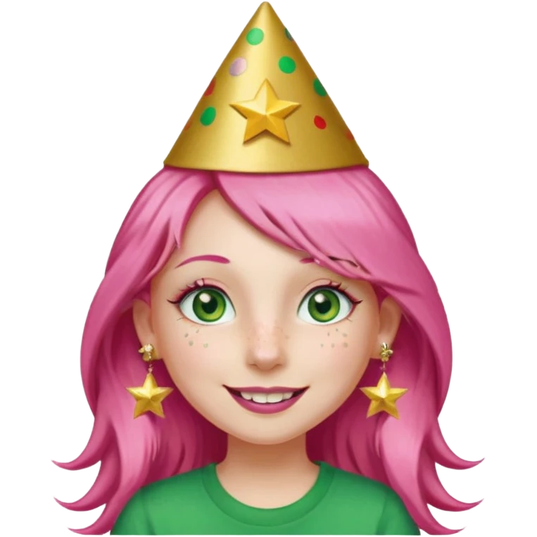 A girl with long pink hair and green eyes with long eyelashes and a smiley face. She has freckles and a lit of bit of pink lipstick on her mouth, she’s also got a full gold birthday party hat on her head with gold pom poms on top of it, and her T-shirt is all red, she wore gold star earrings  emoji