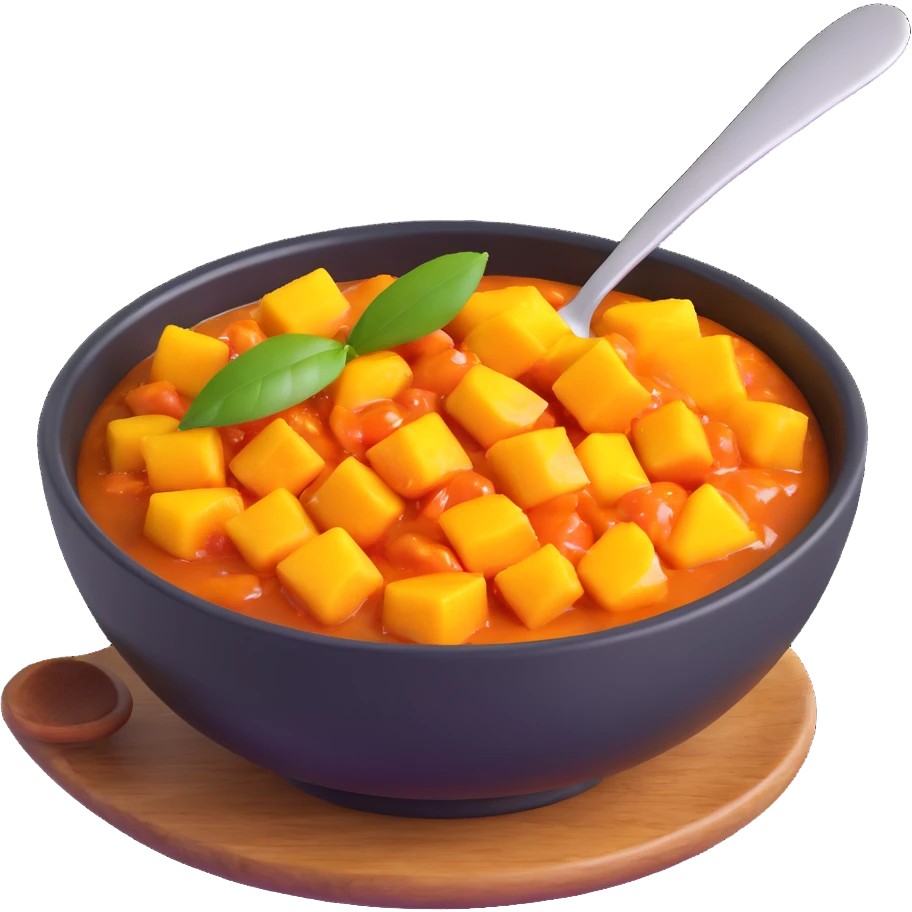 realistic 3D bowl of mango chutney with spoon emoji