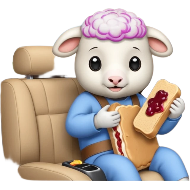 cute baby sheep eating peanut butter and jelly driving in a bmw x1, holding a peanut butter and jelly in hand emoji