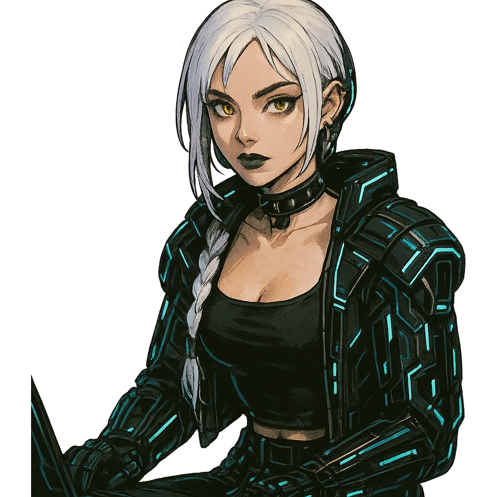  she is wearing armor, maximum power , except instead she's giving a victory salute, [[[except it's a black cat typing at a laptop]]], a closeup portrait of young woman with gold yellow eyes, white hair, long braid, black off-shoulder top d-cup, punk gothic style, futuristic cyberwave cyberpunk, sitting position
 emoji